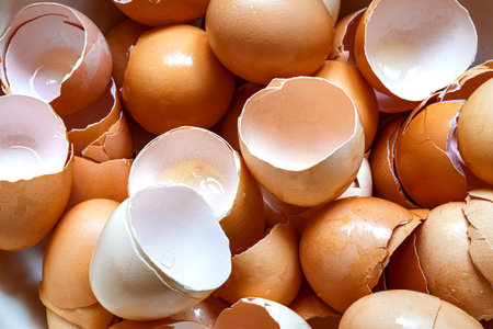 a pile of broken brown egg shells, a heap of cracked eggs without protein content garbage after...