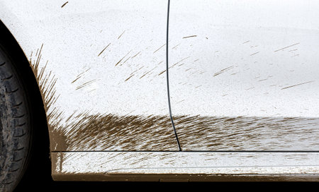 white dirty car stained of the swamp the driver door and the front fender and part dirt tire of the...