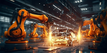 car manufacturing plant, automated assembly line, created with Generative AI Technology.の素材