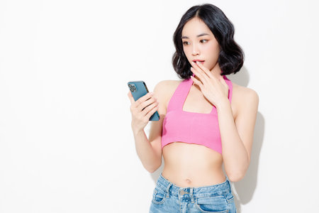 Asian woman short hair with Perfect clean fresh skin. Cute female model with natural makeup and...