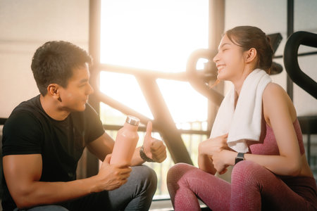 Young slim fitness Asian woman sitting with personal trainer conversation for a break in the gym. The athlete leads a healthy lifestyle. Cardio training for weight loss.の写真素材