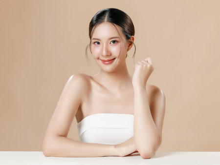 Young Asian woman portrait natural make up cosmetic on face radiant eyes lip gloss happy touch her perfect fresh glow and smooth skin on isolated beige studio. Female model skincare Facial concept.の写真素材