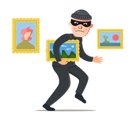 a thief steals a painting from a museum. value theft. vector illustration on white backgroundのイラスト素材