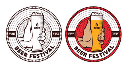 emblem with a hand and a mug of beer. vector illustrationのイラスト素材