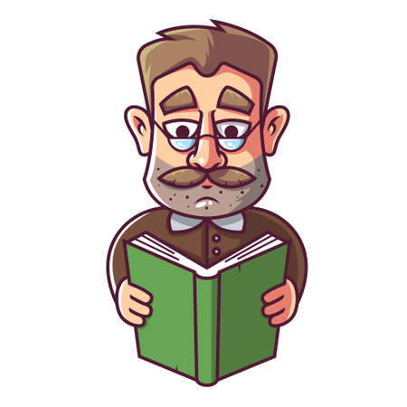 An adult man with glasses and a mustache is reading a book. vector illustrationのイラスト素材