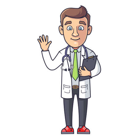 A young doctor in a white coat waving his hand and holding a tablet. vector illustration.のイラスト素材