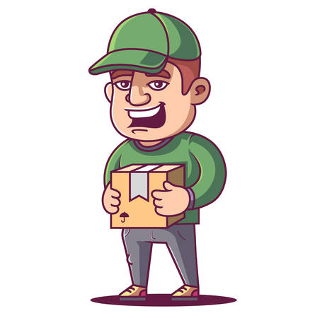 the courier smiles and holds the box. delivered the goods. vector illustrationのイラスト素材