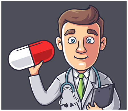 the doctor is holding a pill. vector illustration.のイラスト素材