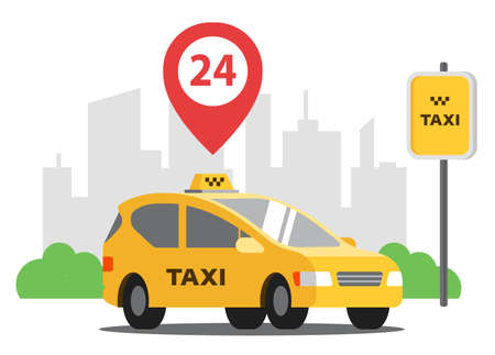 A round-the-clock taxi is parked in the background of the city. vector illustrationのイラスト素材