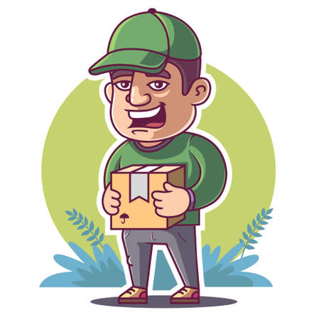 the courier is holding the parcel. green background. vector illustrationのイラスト素材