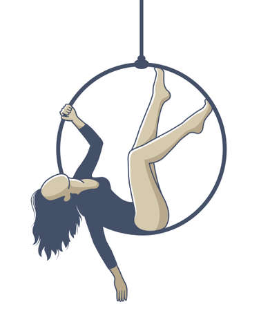 girl on a hoop hanging on a rope and doing exercise. vector illustrationのイラスト素材