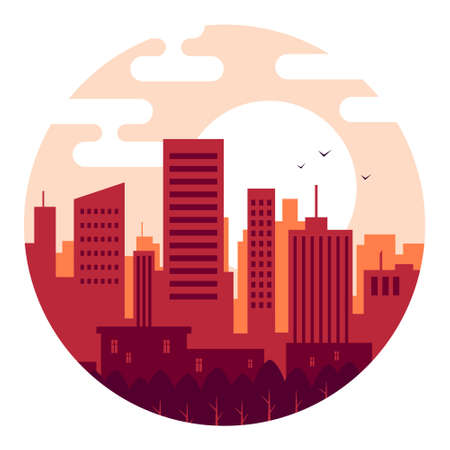 City at sunset the day in warm colors. vector illustration.のイラスト素材