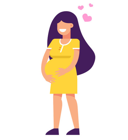 pregnant girl is smiling. holds hands by the abdomen. vector illustrationのイラスト素材