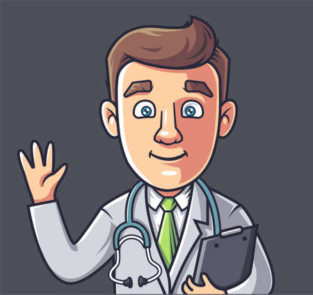 A young doctor waving his hand and holding a tablet. vector illustration.のイラスト素材