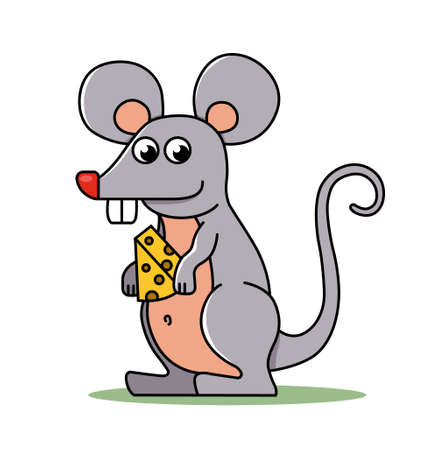 a small mouse holds in its paws a piece of cheese. character vector illustration.のイラスト素材