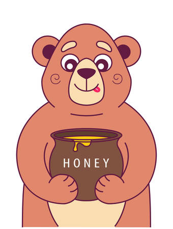 hungry bear holds a pot of honey and licks. character vector illustrationのイラスト素材