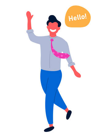 the young man goes and says hi. Colorful vector illustration in flat cartoon styleのイラスト素材