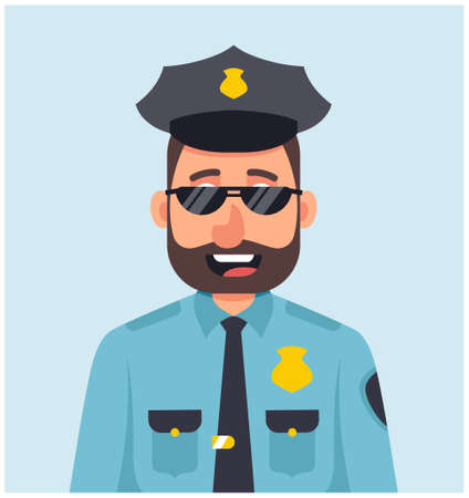 male policeman with glasses smiling in blue uniform. character vector illustration.のイラスト素材