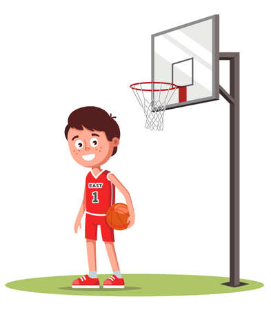boy in sport uniform on the field with a basketball basket. in the hands of the ball. vector illustration.のイラスト素材