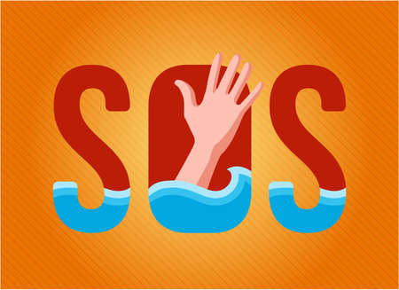 sinking person asks for help. inscribed in the sign sos. on an orange background. outstretched hand. vector illustration.のイラスト素材