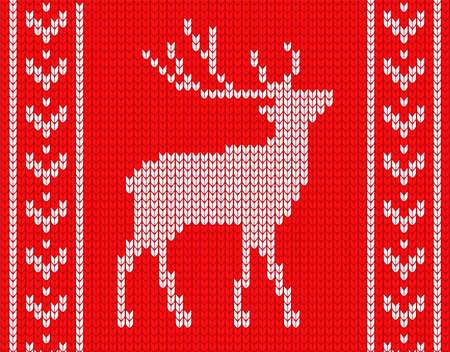knitted deer with patterns on the sides. in the style of knitted sweater. vector illustrationのイラスト素材