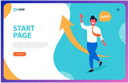 web page for a successful business. a young man tends to be a leader. vector illustrationのイラスト素材