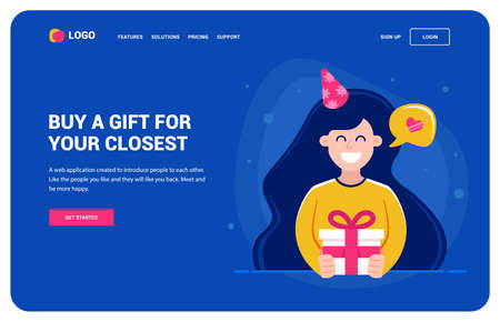 Website template for those who want a gift. Girl holding a gift and smiling. birthday party, character vector illustration.のイラスト素材