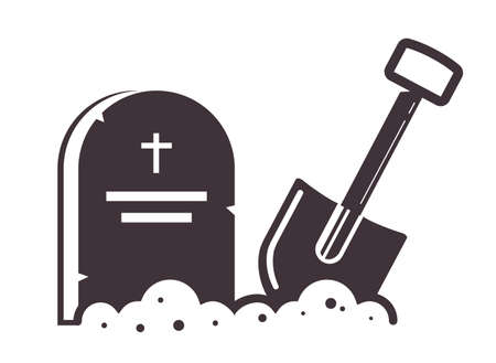 grave icon with a shovel stuck into the ground. icon on white backgroundのイラスト素材