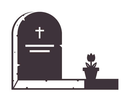 Icon of an old gravestone with a flower in a pot. vector illustrationのイラスト素材