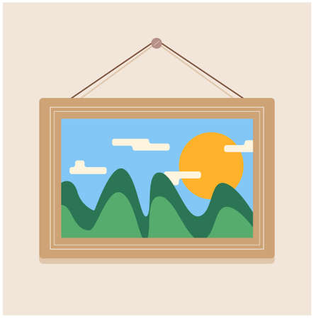 picture of a picture with a landscape. hanging on a nail on the wall. vector illustrationのイラスト素材