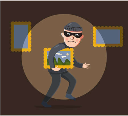 robber in mask steals a painting from a museum. he was noticed. thief vector illustrationのイラスト素材