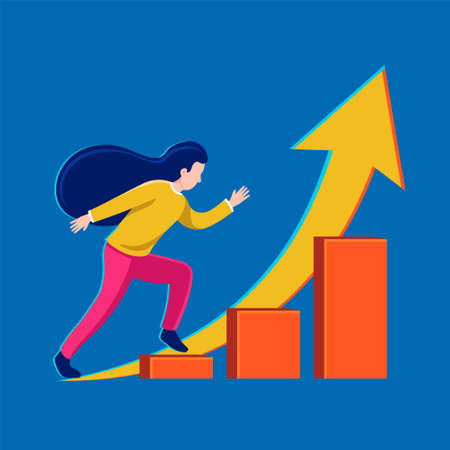 girl runs up the career ladder. Vector illustration of girl success. blue backgroundのイラスト素材