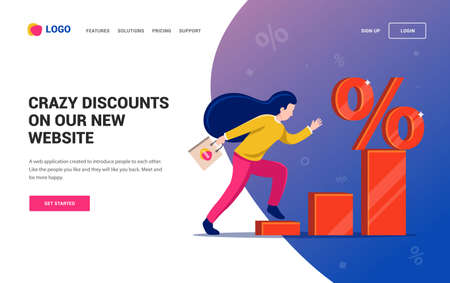 girl runs the diagram to the discount symbol. Web site. character vector illustrationのイラスト素材