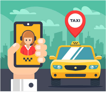 Flat illustration of a taxi order. car tagged. Phone operator. vector.のイラスト素材