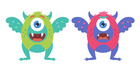 collection of cute monsters on a white background. evil and kind character. vector color illustrationのイラスト素材