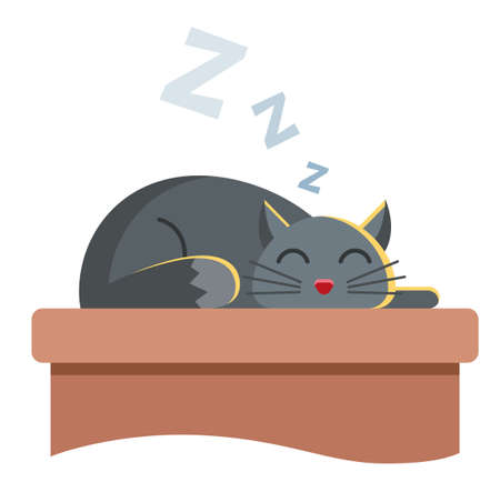 cute gray cat lies on the table and peacefully slumbers. snore cute animal. Character vector illustration on white background.のイラスト素材