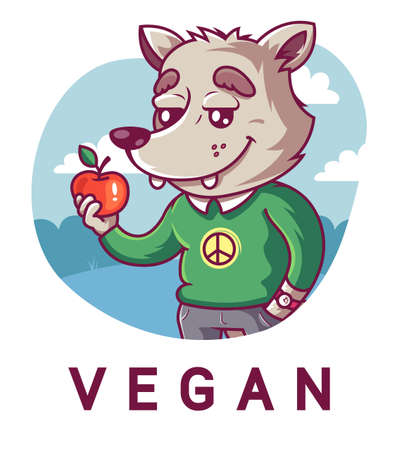 Cute wolf holding an apple. Peaceful vegan. Character vector illustrationのイラスト素材