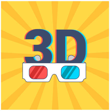 Icon of 3D and glasses with red and blue lenses on a yellow background with rays. vector illustrationのイラスト素材