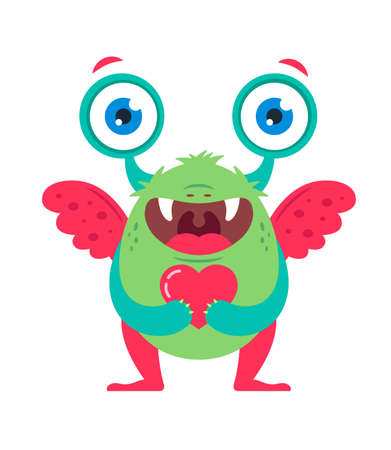 cute green monster with a heart in his hands waiting for a loved one. vector illustration of a character in full growth. St. Valentine's Day.のイラスト素材