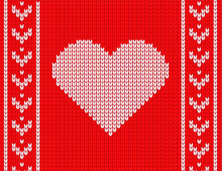 knitted heart on a red background. cozy sweater. vector illustrationのイラスト素材