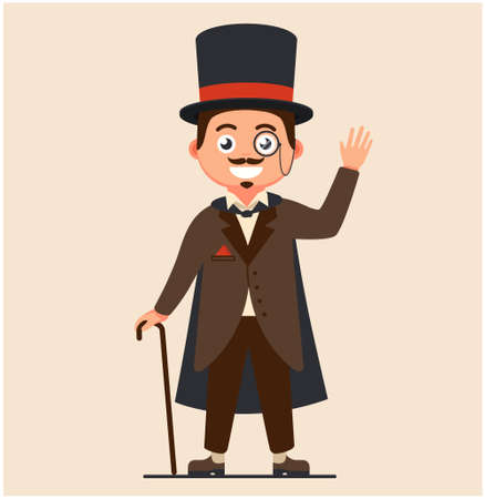 business gentleman with a cane and in a raincoat. rich people of the 19th century. serious retro businessman with a mustache.のイラスト素材