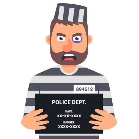 the caught criminal is holding a sign with the name for an identification photo. character vector illustration.のイラスト素材