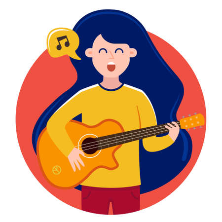 the girl in the bubble sings songs and plays the guitar. vector cute characterのイラスト素材