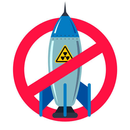 ban nuclear weapons. forbidden red sign. peaceful life. iron bomb. flat illustrationのイラスト素材