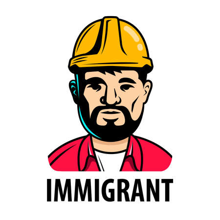 invited male immigrant builder. sign of hiring an employee. a man in a helmet. flat illustrationのイラスト素材
