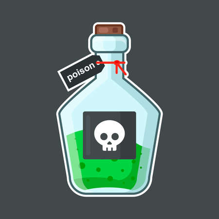 flask with poison on a black background. skull label. hazardous fluid. medical agent. flat vector illustration.のイラスト素材