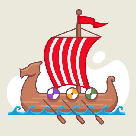 Viking ship sailing on the sea. full sails. sea battle. wooden boat. vector illustration.のイラスト素材