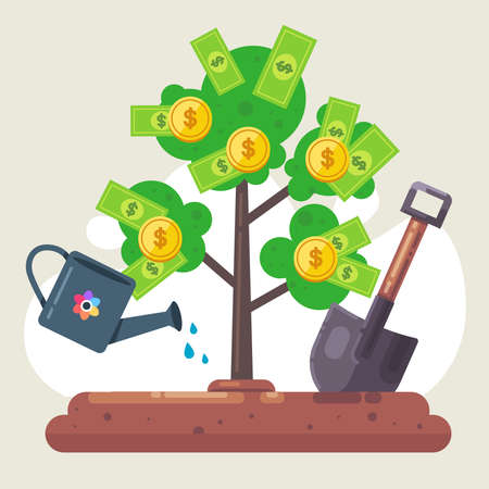 plant a money tree with bills and coins. water it. dig a hole. wooden shovel. flat vector illustration.のイラスト素材