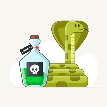 venomous snake on a white background. flask with green poison. extraction of fluid from reptiles. medical medicine. flat vector isolated illustration.のイラスト素材