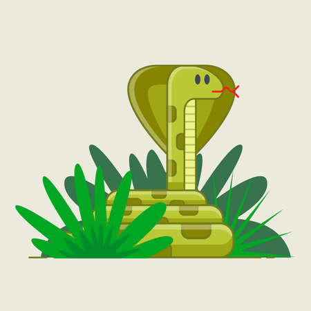 snake crouched in green bushes. hidden danger. deadly jungle. flat vector illustration.のイラスト素材